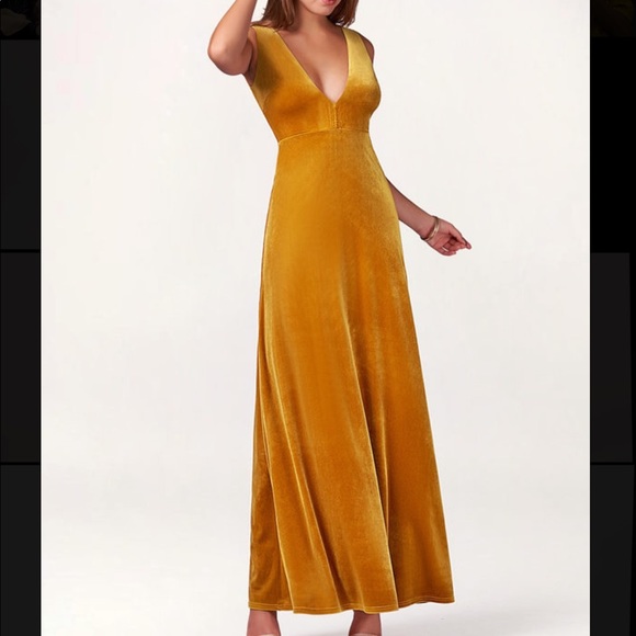 Dresses & Skirts - Mustard Velvet V Neck Maxi Dress